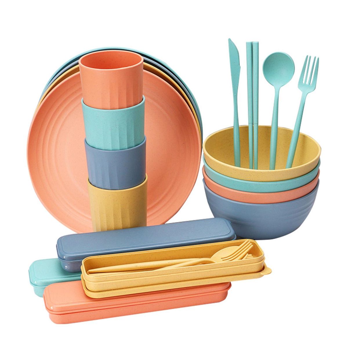 32PCs Food-grade Wheat Straw Dinnerware Set Microwave Dishwasher Freezer Safe Plates Bowls Cups Spoons Forks Chopsticks Cutters Cutlery Boxes Practical Tableware Eco-friendly Reusable Kitchen Utensils for Kitchen Kindergarten