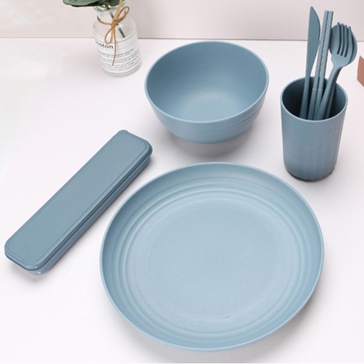32PCs Food-grade Wheat Straw Dinnerware Set Microwave Dishwasher Freezer Safe Plates Bowls Cups Spoons Forks Chopsticks Cutters Cutlery Boxes Practical Tableware Eco-friendly Reusable Kitchen Utensils for Kitchen Kindergarten