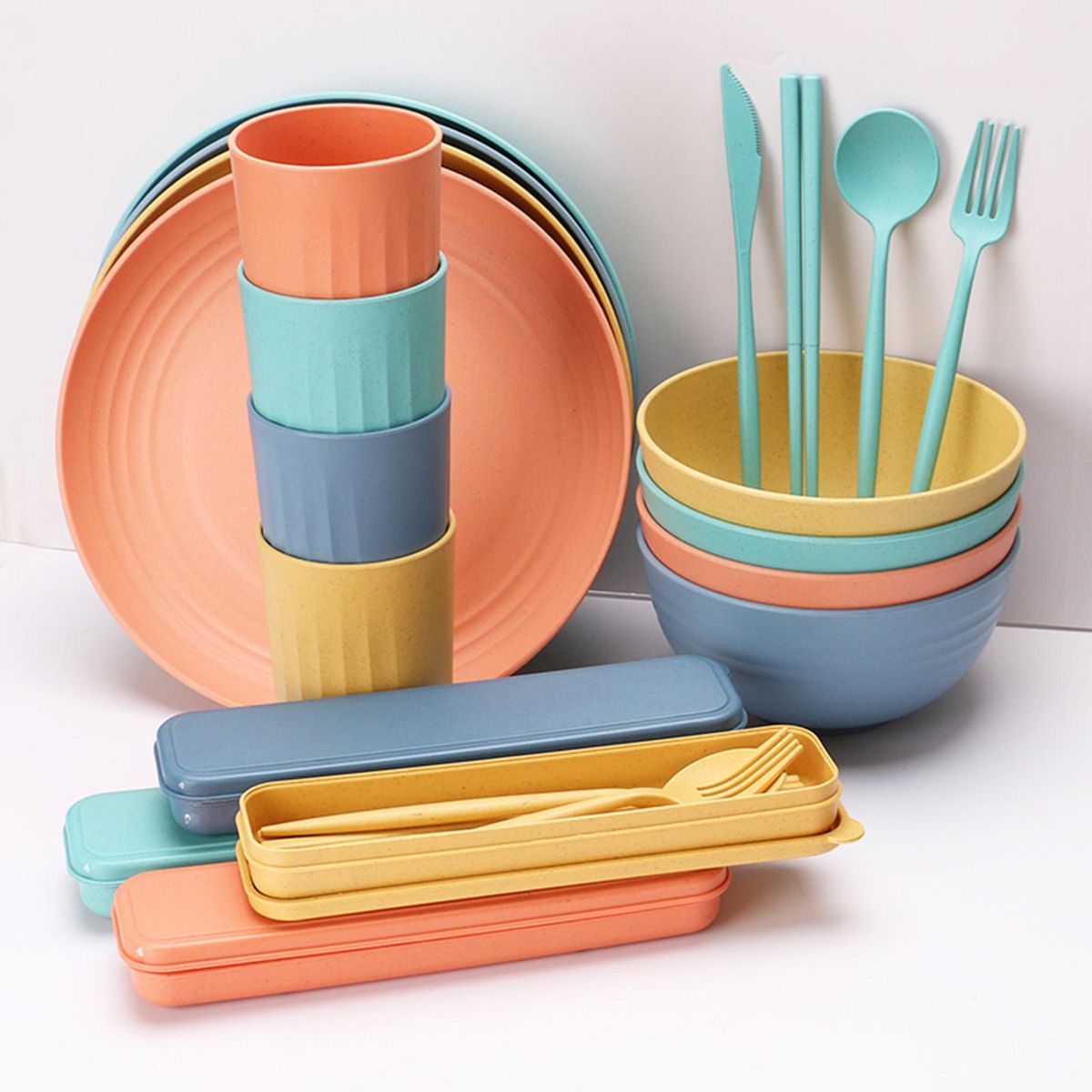 32PCs Food-grade Wheat Straw Dinnerware Set Microwave Dishwasher Freezer Safe Plates Bowls Cups Spoons Forks Chopsticks Cutters Cutlery Boxes Practical Tableware Eco-friendly Reusable Kitchen Utensils for Kitchen Kindergarten