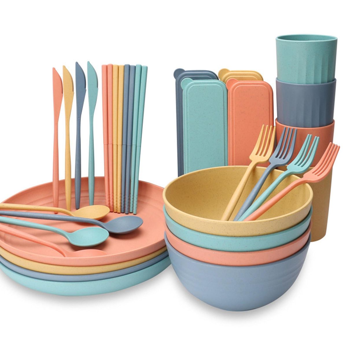 32PCs Food-grade Wheat Straw Dinnerware Set Microwave Dishwasher Freezer Safe Plates Bowls Cups Spoons Forks Chopsticks Cutters Cutlery Boxes Practical Tableware Eco-friendly Reusable Kitchen Utensils for Kitchen Kindergarten