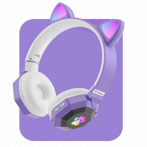 Cat Ear Wireless Headphones LED Light  For Online Teaching Pink Purple
