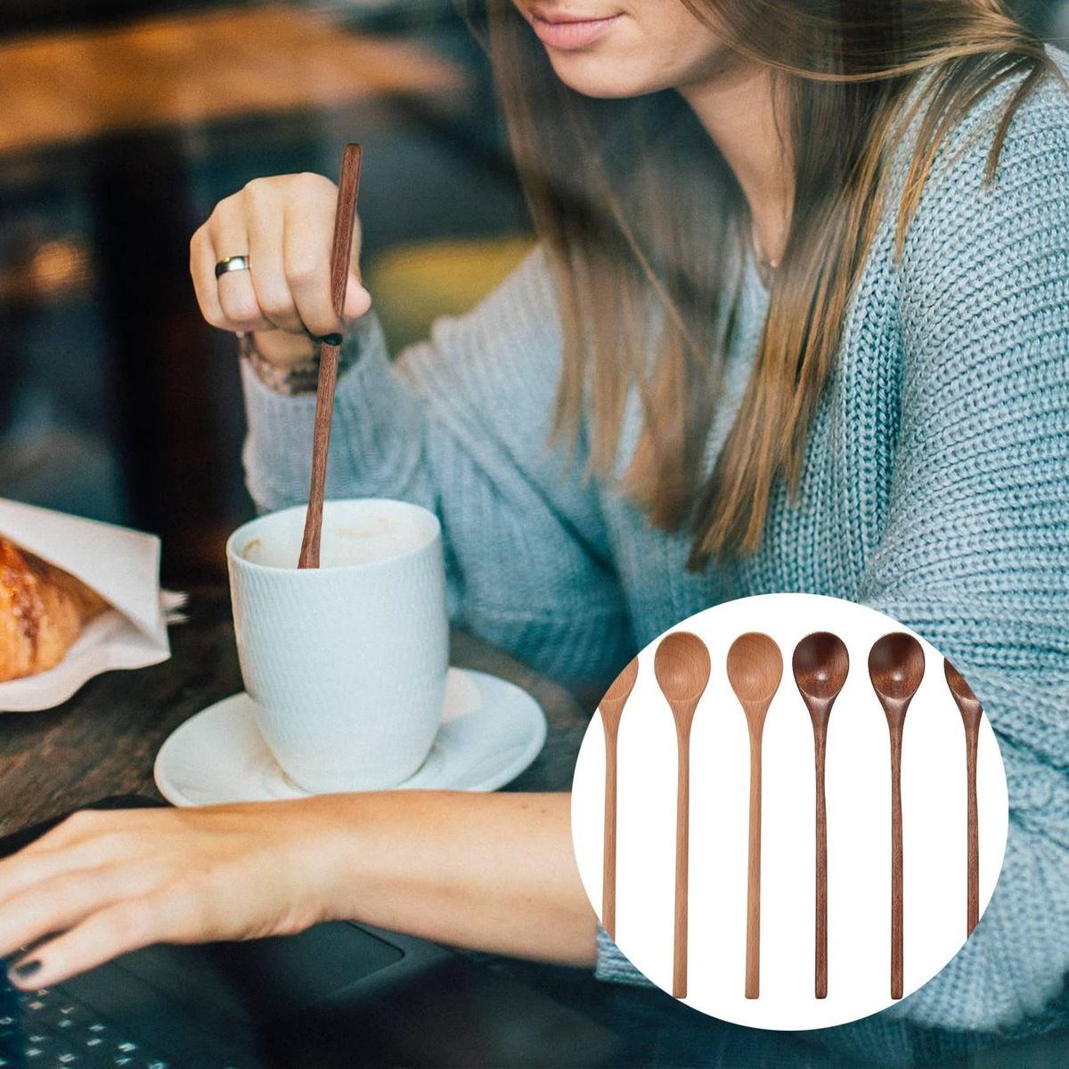 6 Pcs Wooden Spoon,Long Handle Wood Spoons Mixing Stirring Soup Coffee Iced Tea Spoon Used for Kitchen Mixing Cooking