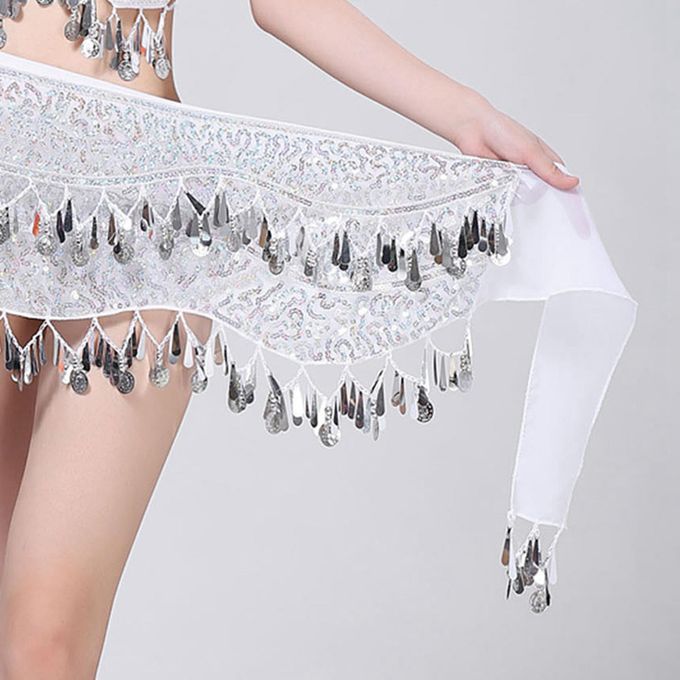 Belly Dance Costumes Tassels Coins Hip Scarf Belt Chiffon Silver