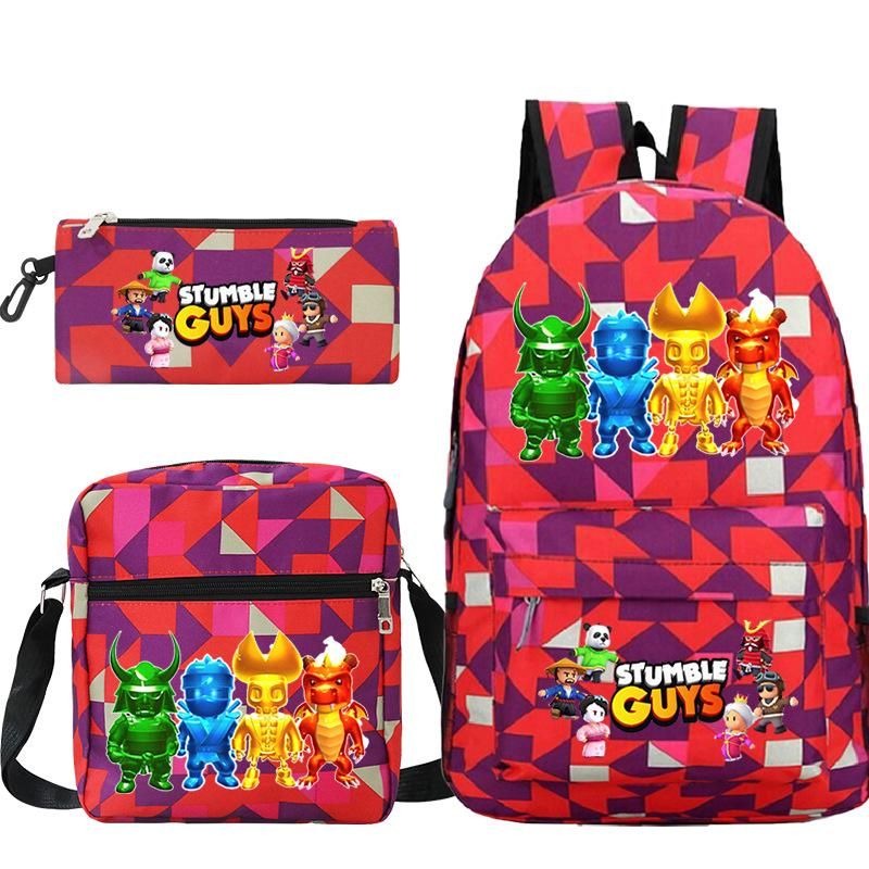 Stumble Guys Surrounding the Game Printed Children's Schoolbag Student Cross-Body Single Bag Pencil Case Foreign Trade Three-Piece Set