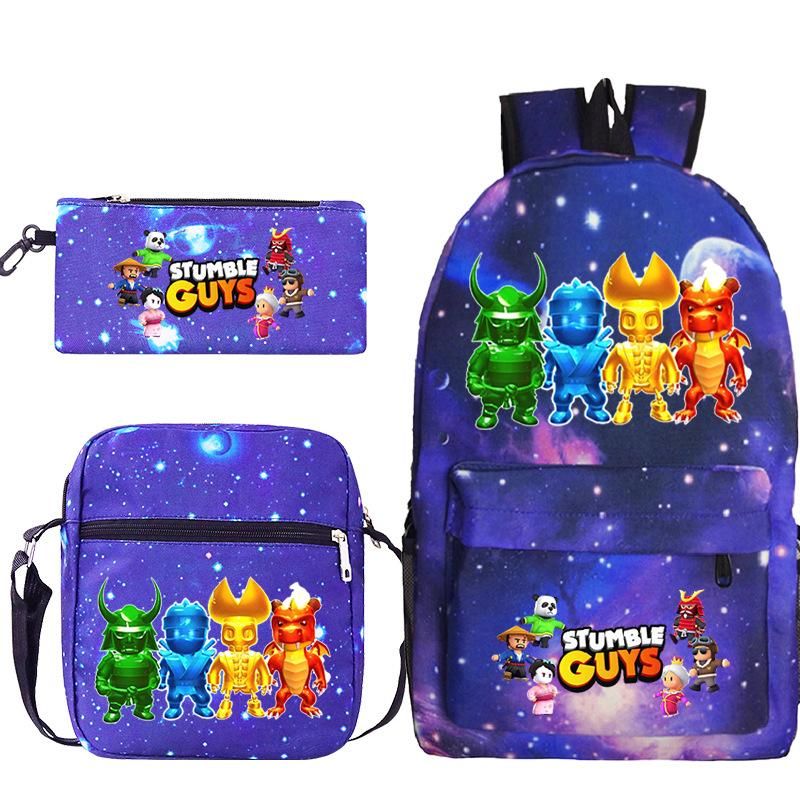 Stumble Guys Surrounding the Game Printed Children's Schoolbag Student Cross-Body Single Bag Pencil Case Foreign Trade Three-Piece Set