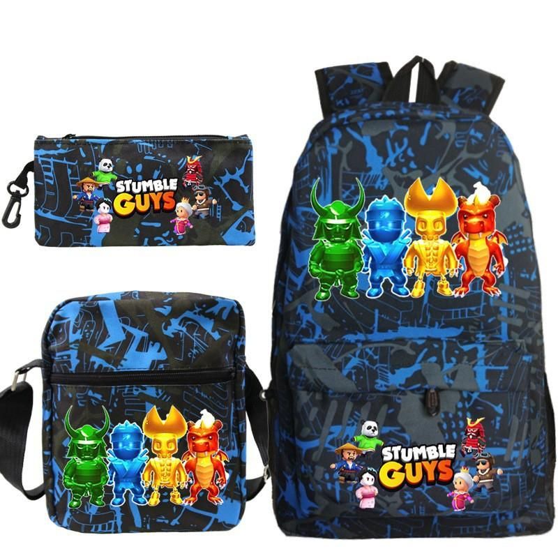 Stumble Guys Surrounding the Game Printed Children's Schoolbag Student Cross-Body Single Bag Pencil Case Foreign Trade Three-Piece Set