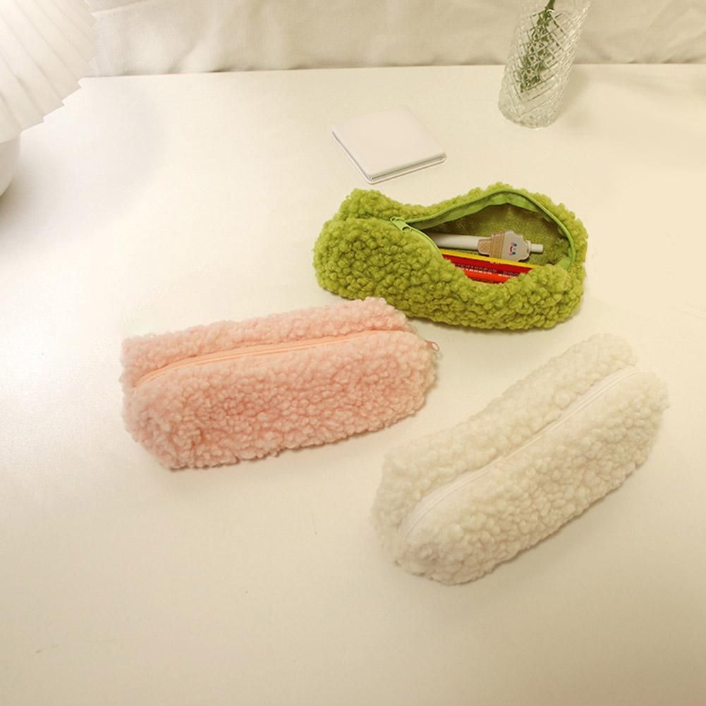 Pencil Case Pen Pouch Plush Kawaii Zipper Bags Cosmetic Make Up Organizer Pouch School Office SuppliesBeige