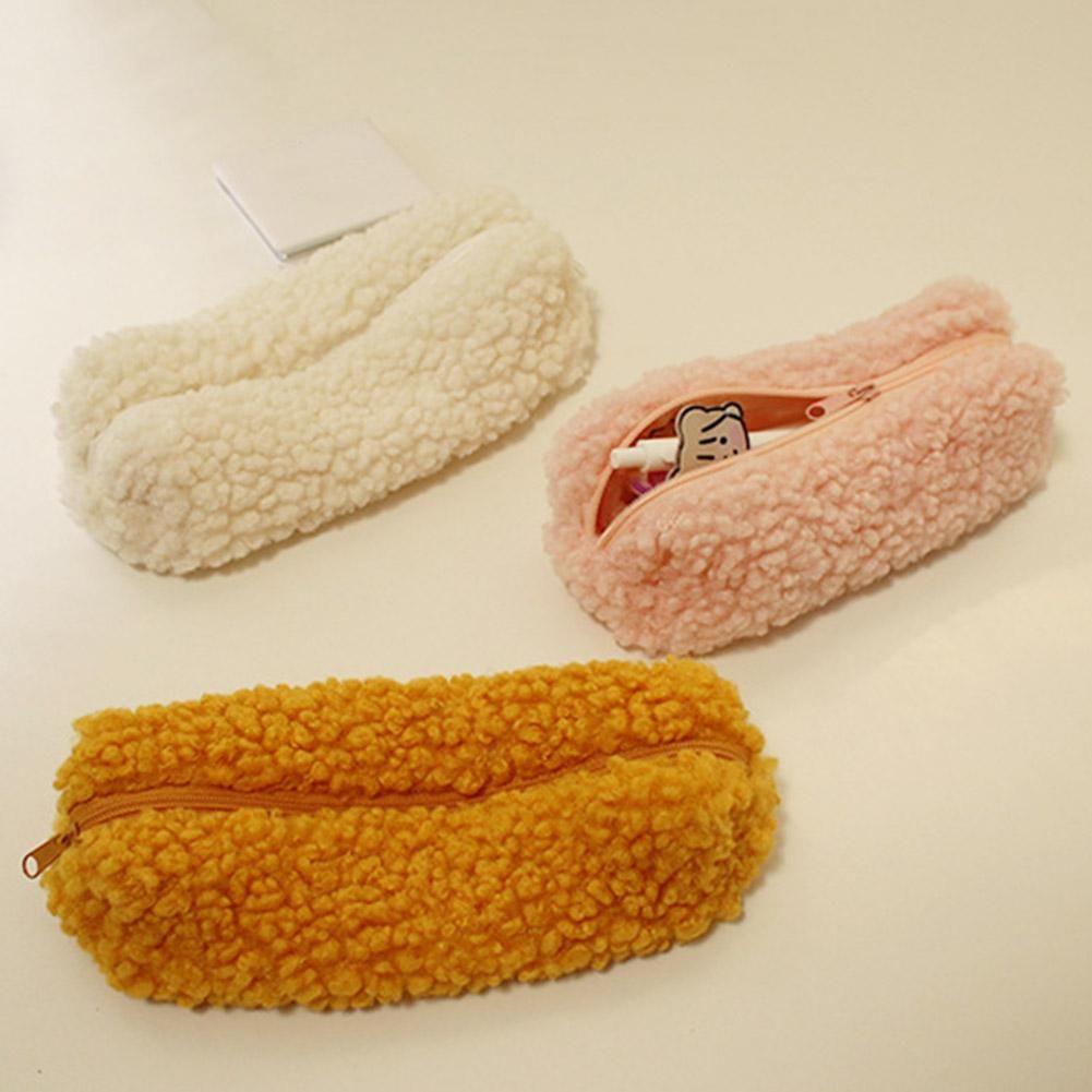 Pencil Case Pen Pouch Plush Kawaii Zipper Bags Cosmetic Make Up Organizer Pouch School Office SuppliesBeige