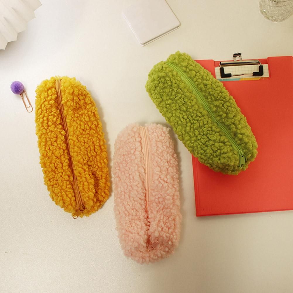 Pencil Case Pen Pouch Plush Kawaii Zipper Bags Cosmetic Make Up Organizer Pouch School Office SuppliesBeige