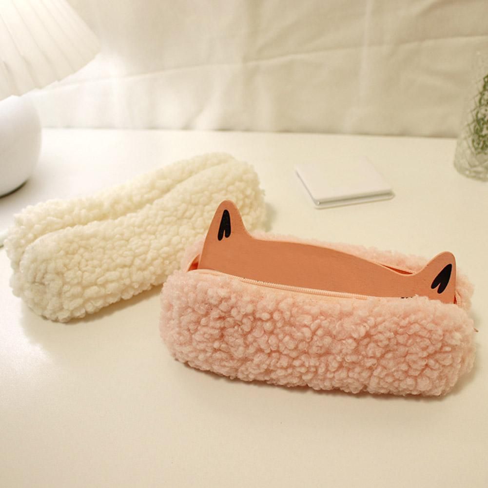Pencil Case Pen Pouch Plush Kawaii Zipper Bags Cosmetic Make Up Organizer Pouch School Office SuppliesBeige