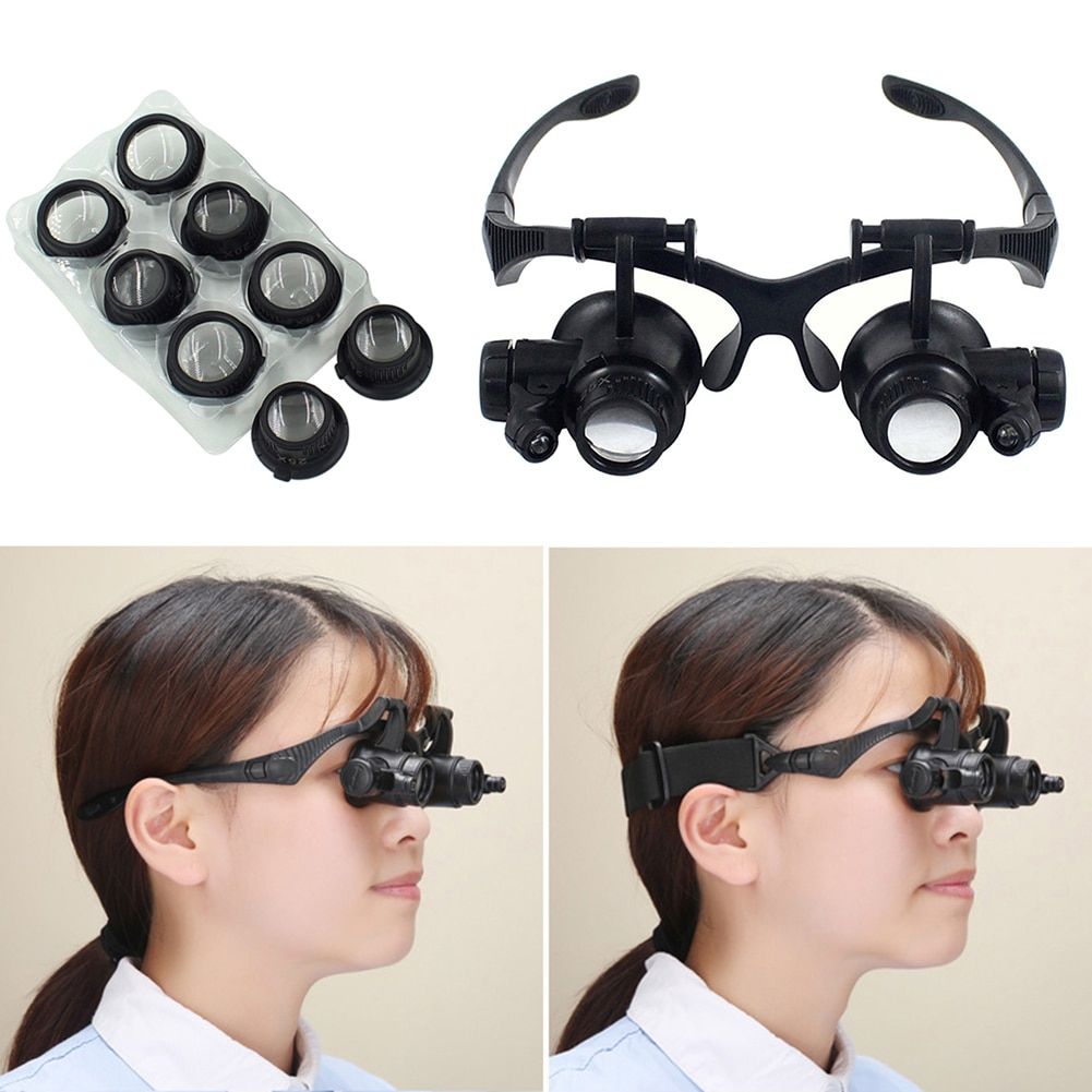 Magnifier Magnifying Glasses Watch Repair 10X 15X 20X 25X Dual Eye Jewelry With 2 LED Lights Loupe Lens For Dental Applications