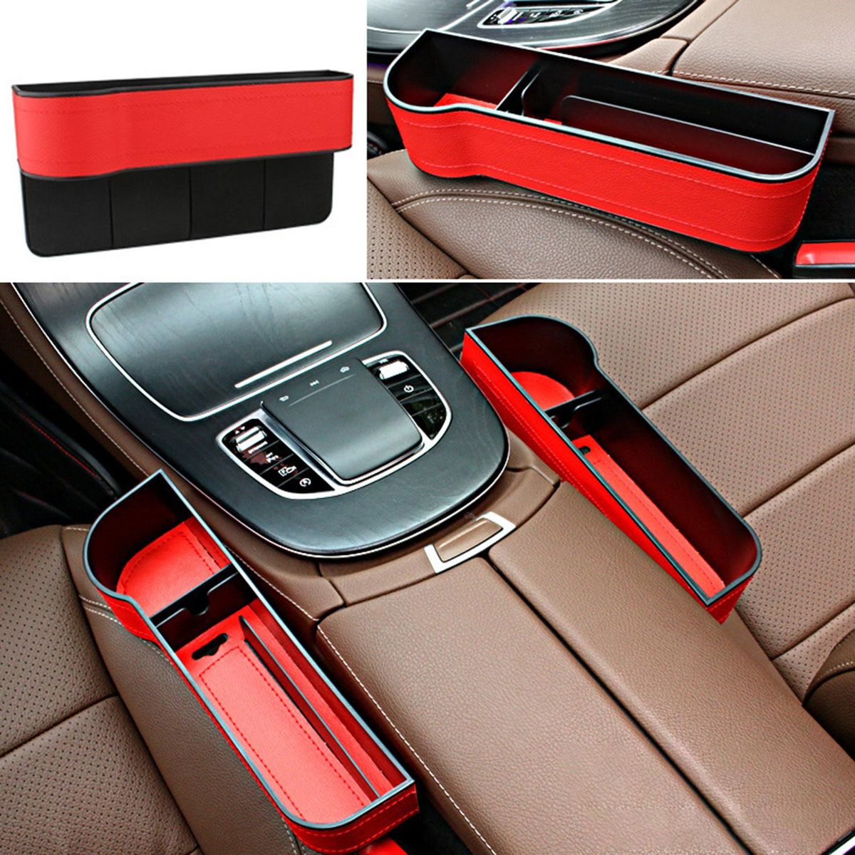 2pcs Car Seat Gap Filler Organizer Storage Box Between Front seat Auto Premium PU Leather Console with Cup Holder Car Pocket for Interior Essentials Red for Right Side and Left Driver