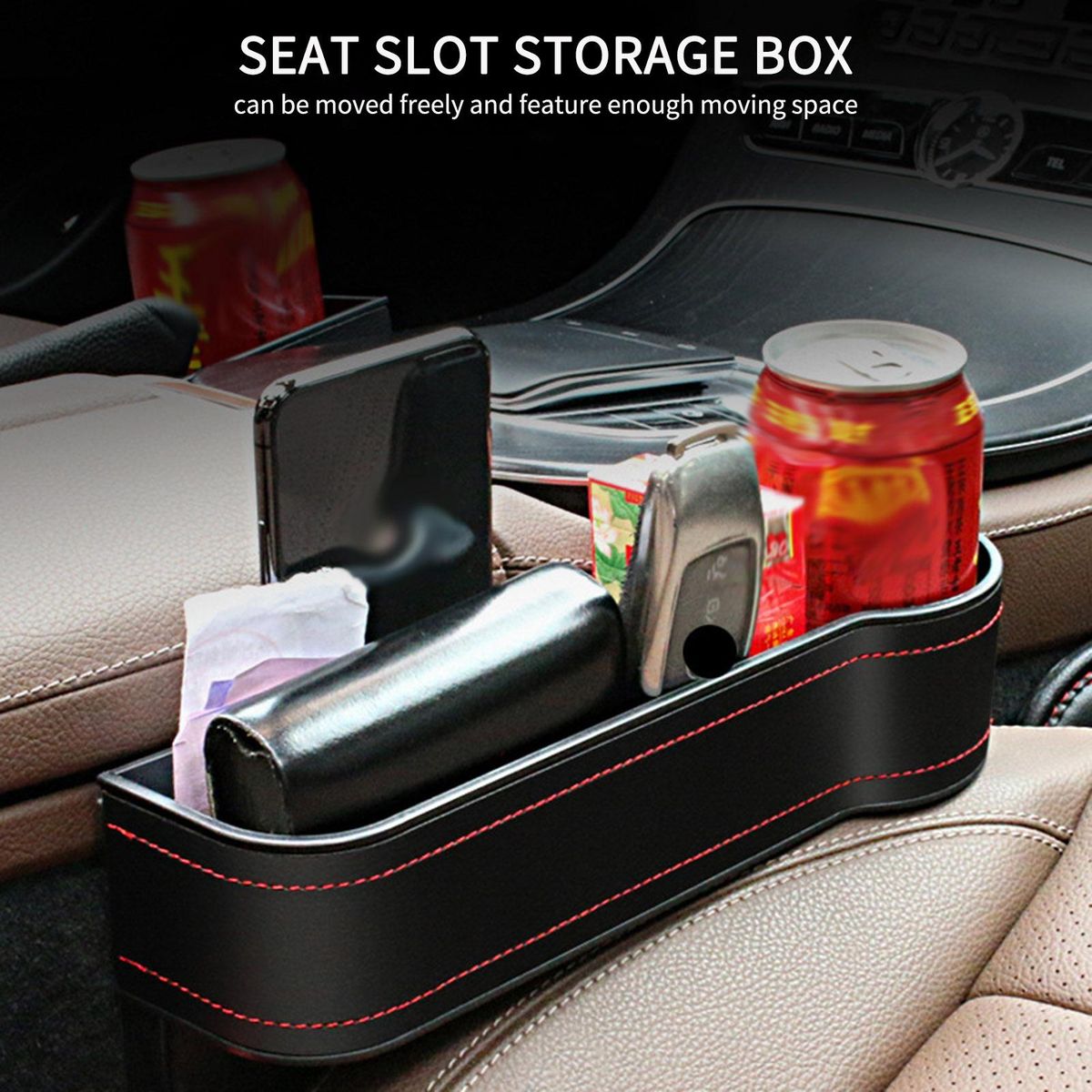 2pcs Car Seat Gap Filler Organizer Storage Box Between Front seat Auto Premium PU Leather Console with Cup Holder Car Pocket for Interior Essentials Red for Right Side and Left Driver
