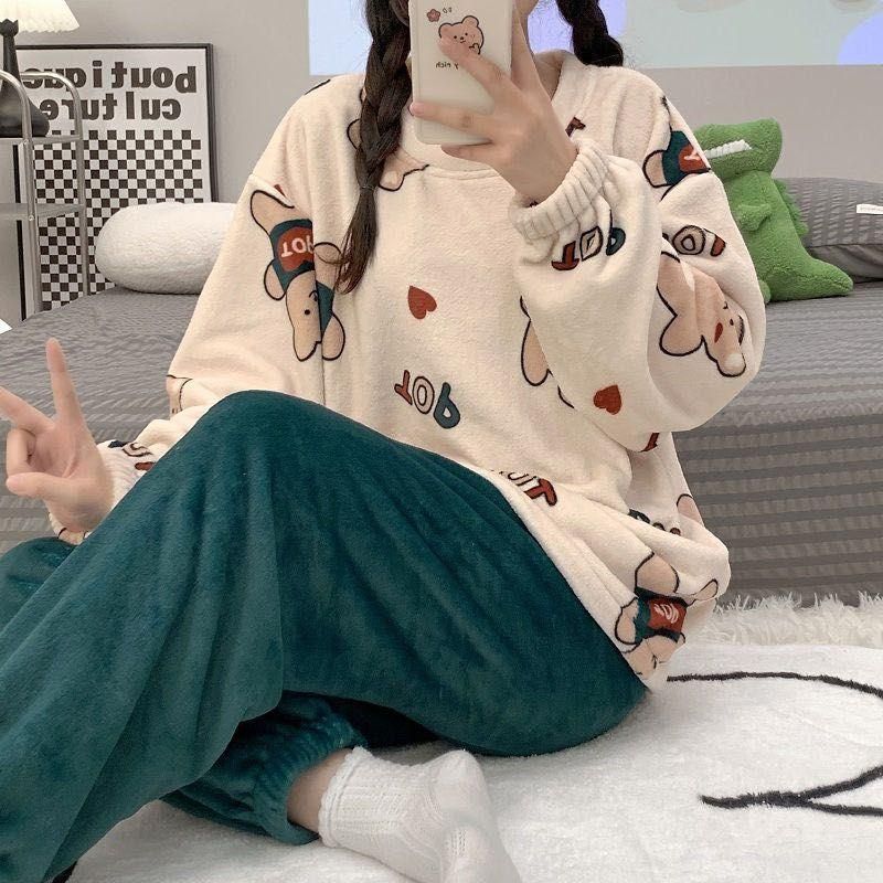 Sweet Cartoon Coral Fleece Autumn and Winter New Pullover Long-Sleeved Trousers Women's Home Wear Two-Piece Set Cleance Sale