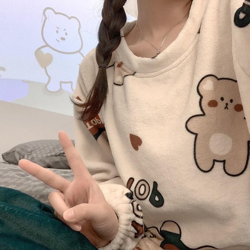 Sweet Cartoon Coral Fleece Autumn and Winter New Pullover Long-Sleeved Trousers Women's Home Wear Two-Piece Set Cleance Sale