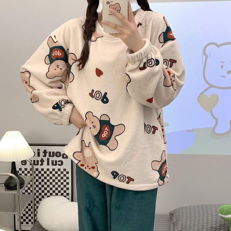 Sweet Cartoon Coral Fleece Autumn and Winter New Pullover Long-Sleeved Trousers Women's Home Wear Two-Piece Set Cleance Sale