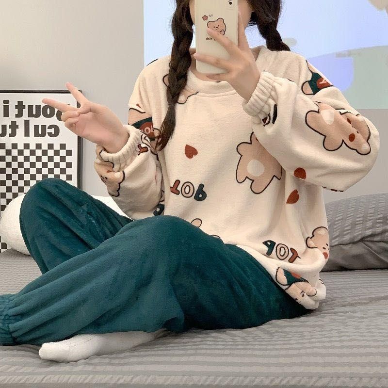 Sweet Cartoon Coral Fleece Autumn and Winter New Pullover Long-Sleeved Trousers Women's Home Wear Two-Piece Set Cleance Sale