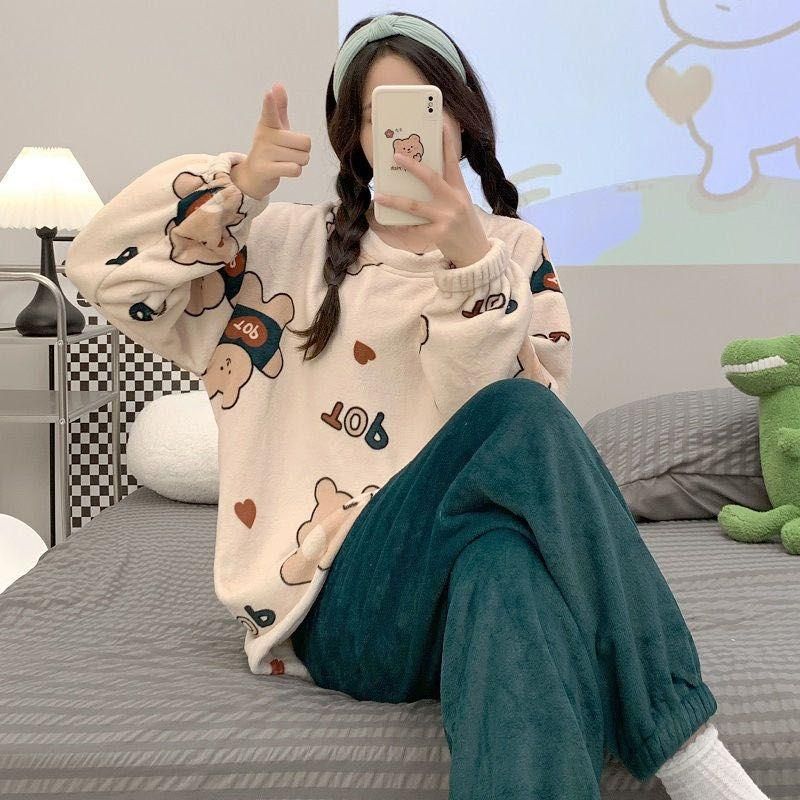 Sweet Cartoon Coral Fleece Autumn and Winter New Pullover Long-Sleeved Trousers Women's Home Wear Two-Piece Set Cleance Sale