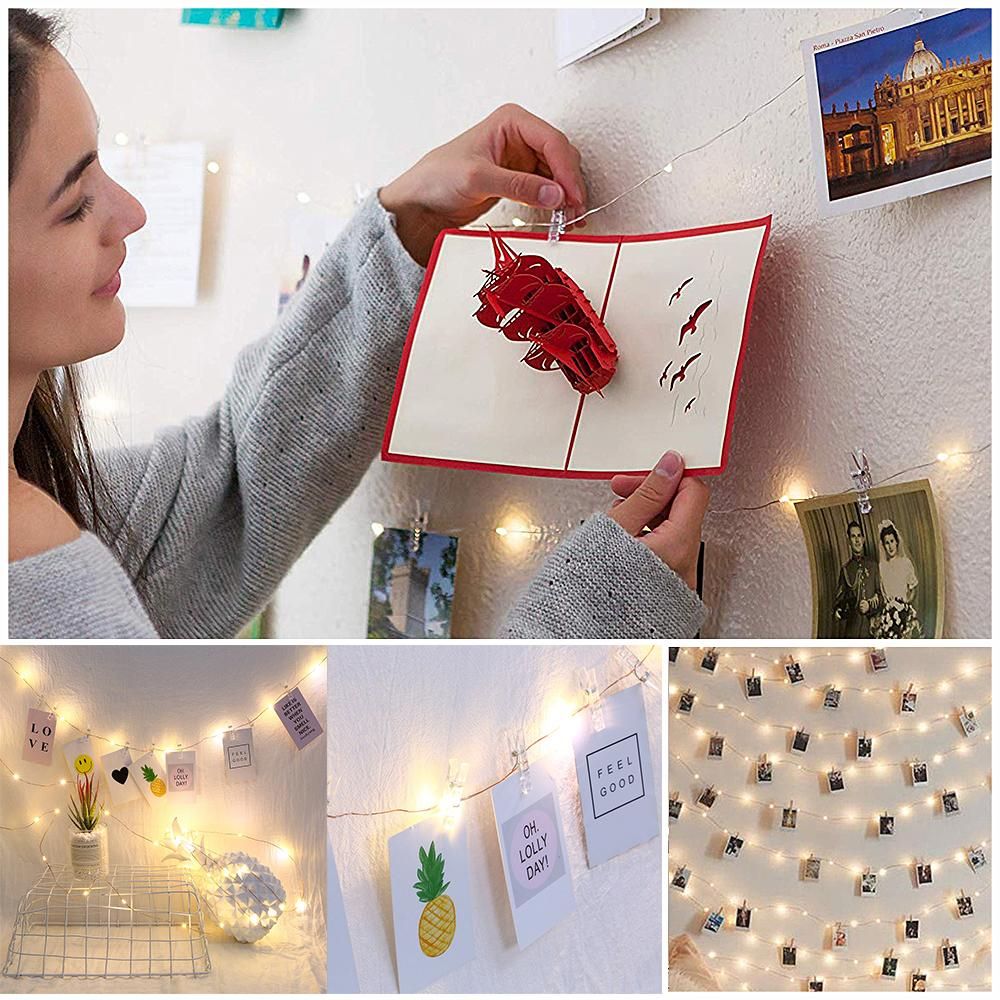 5 Meters 50 LEDs Copper Wire Fairy String Light 3 * AA B-attery Powered Cell Opertaed with 30 Photos Pictures Clamp Clip Flexible Bendable Foldable Design Warm White for Home Party Daily Use DIY Decoration Christamas Xmas Tha
