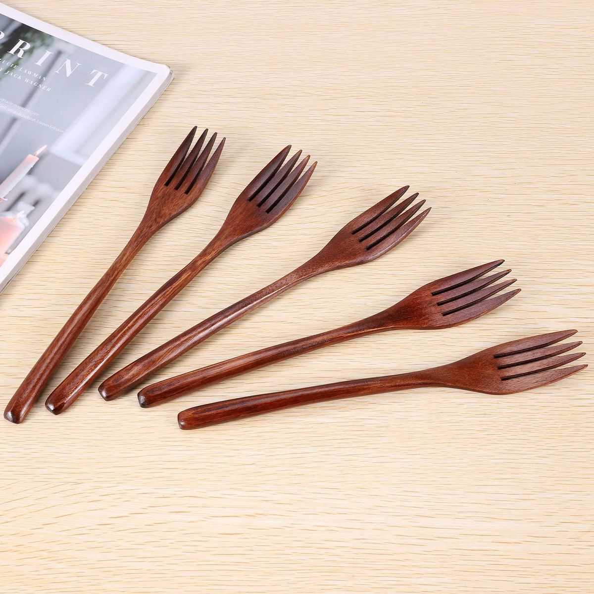 Wooden Forks, 5 Pieces Eco-friendly Japanese Wood Salad Dinner Fork Tableware Dinnerware for Kids Adult (5 Pieces No Rope Wooden Forks)