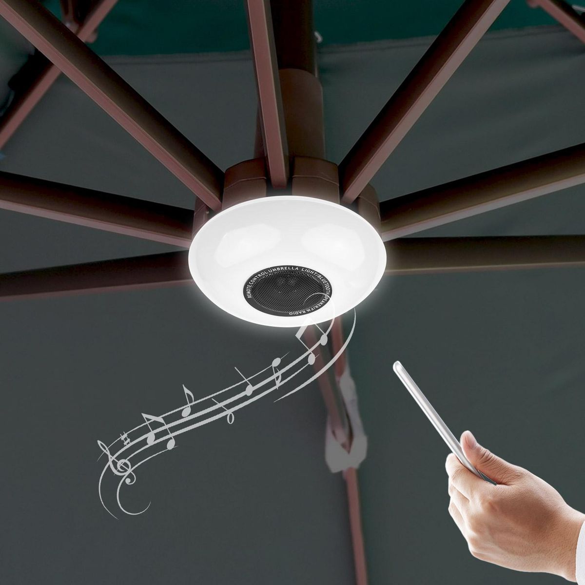 3 in 1 Patio Umbrella Lights BT Speaker FM Radio LED Rechargeable Cordless Umbrella Lights with Remote 3000K Warm & 6500K White Light 15 Brightness 87.5~108.0MHz for Camping Tent Yard Patio