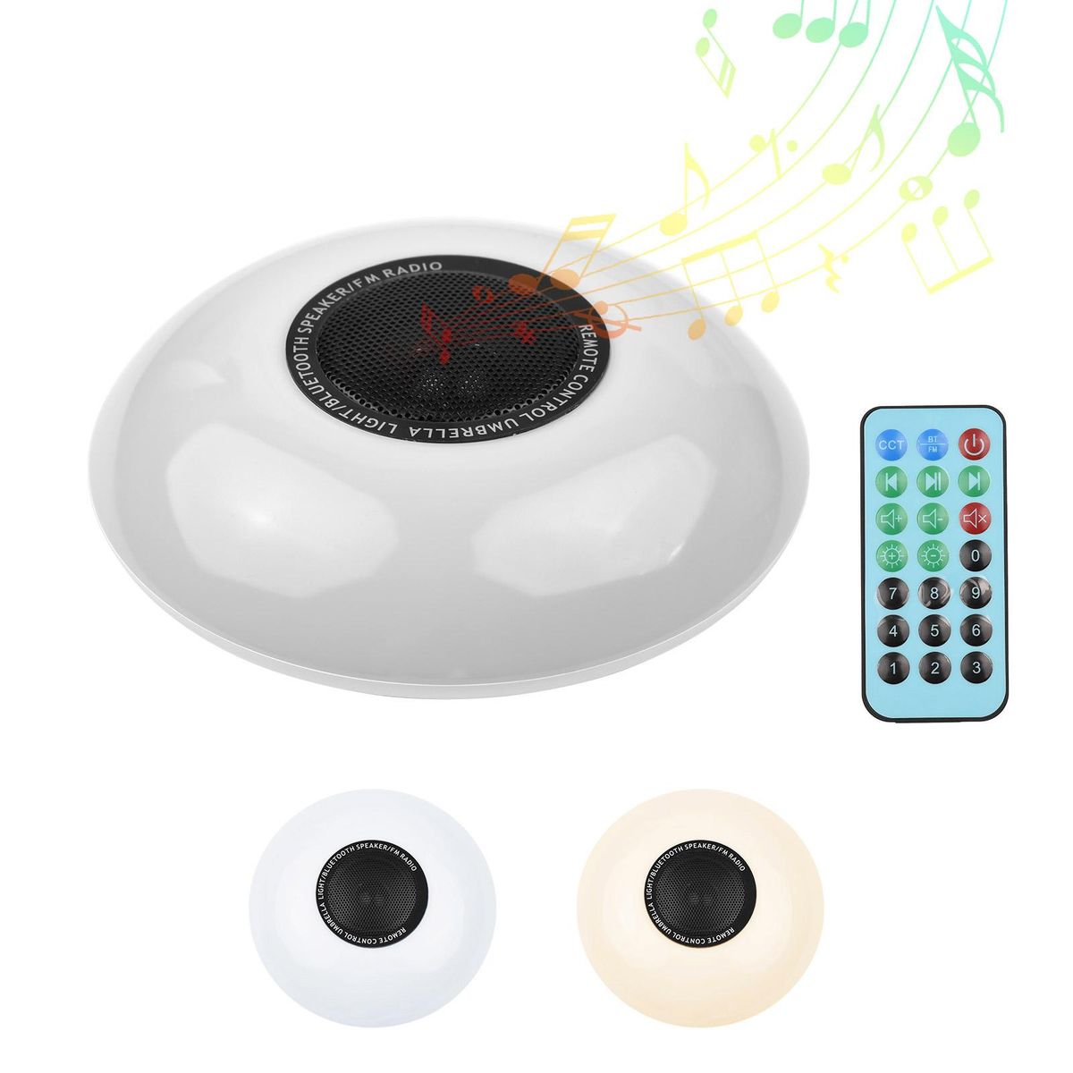 3 in 1 Patio Umbrella Lights BT Speaker FM Radio LED Rechargeable Cordless Umbrella Lights with Remote 3000K Warm & 6500K White Light 15 Brightness 87.5~108.0MHz for Camping Tent Yard Patio