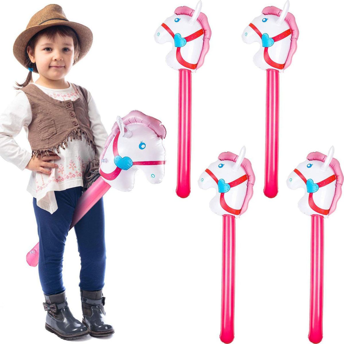 Inflatable Toy Horse Head Riding Stick Child Favors Pink