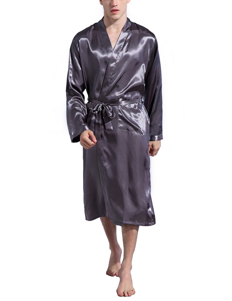 Mens Plain Hip-Length Kimono Robe Short Bathrobe Sleepwear (Grey)