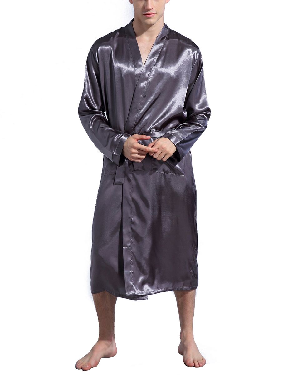 Mens Plain Hip-Length Kimono Robe Short Bathrobe Sleepwear (Grey)
