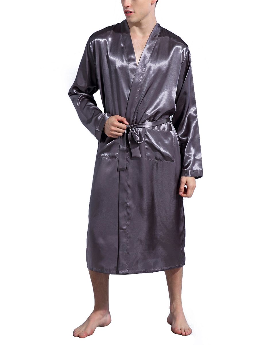 Mens Plain Hip-Length Kimono Robe Short Bathrobe Sleepwear (Grey)