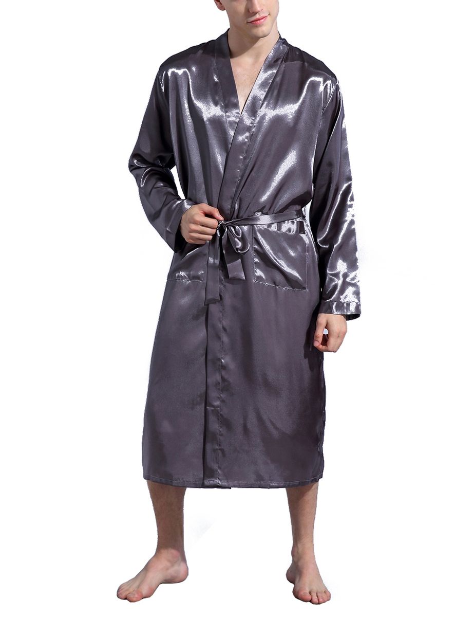 Mens Plain Hip-Length Kimono Robe Short Bathrobe Sleepwear (Grey)