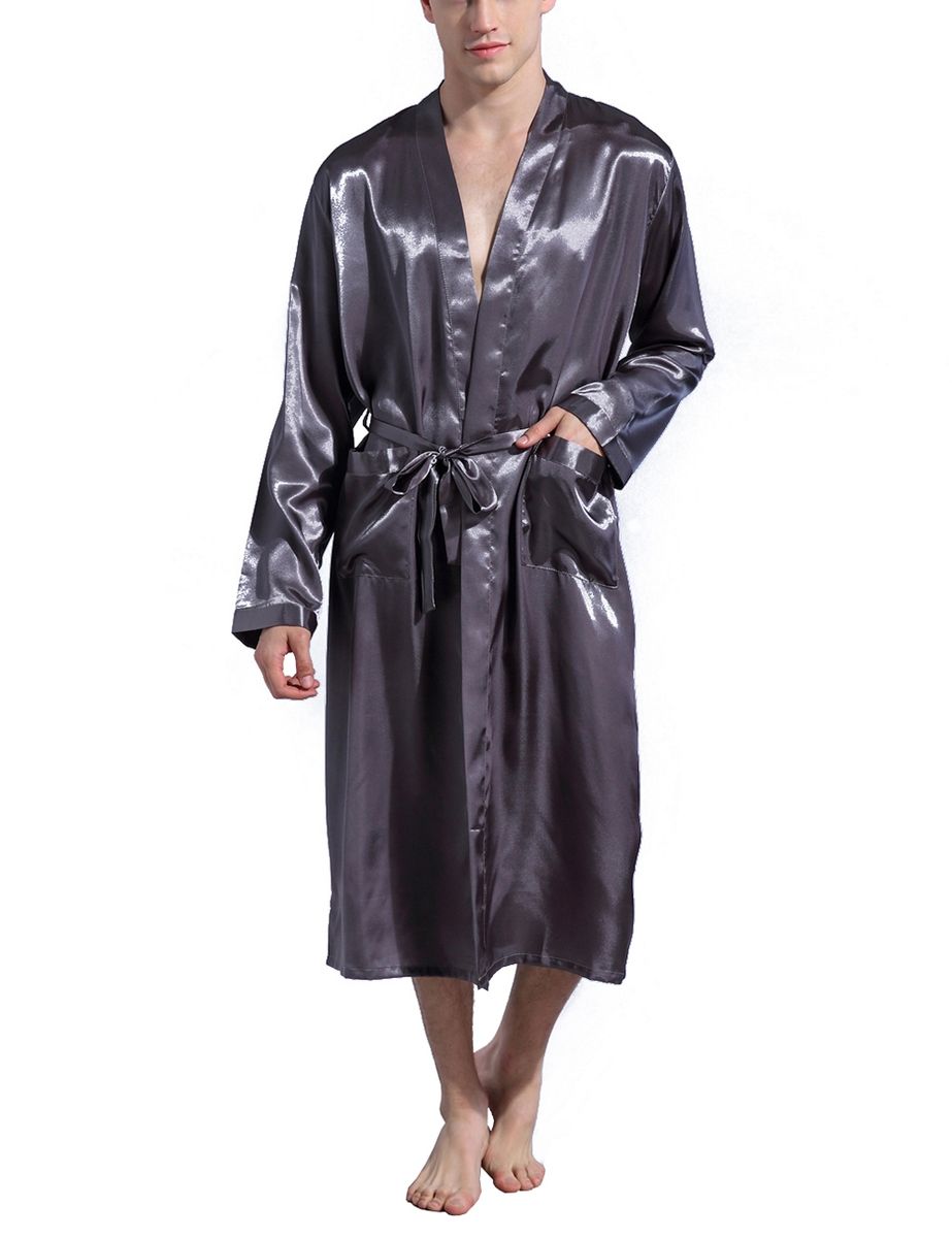 Mens Plain Hip-Length Kimono Robe Short Bathrobe Sleepwear (Grey)