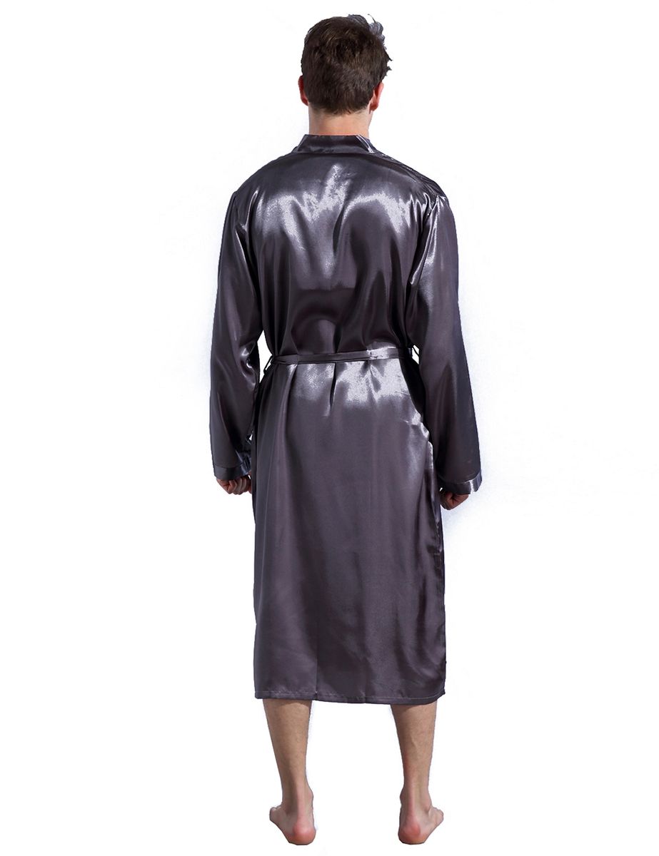Mens Plain Hip-Length Kimono Robe Short Bathrobe Sleepwear (Grey)