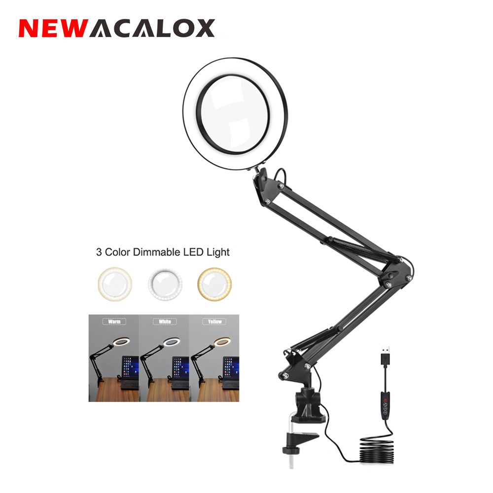 Magnifying Glass With LED Light Soldering Tool Desk Clamp USB 5X Magnifier Welding/Reading