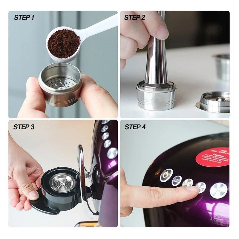 Reusable Stainless Steel Coffee Capsule Cup Refillable Filter+Spoon Brush For TCHIBO Cafissimo
