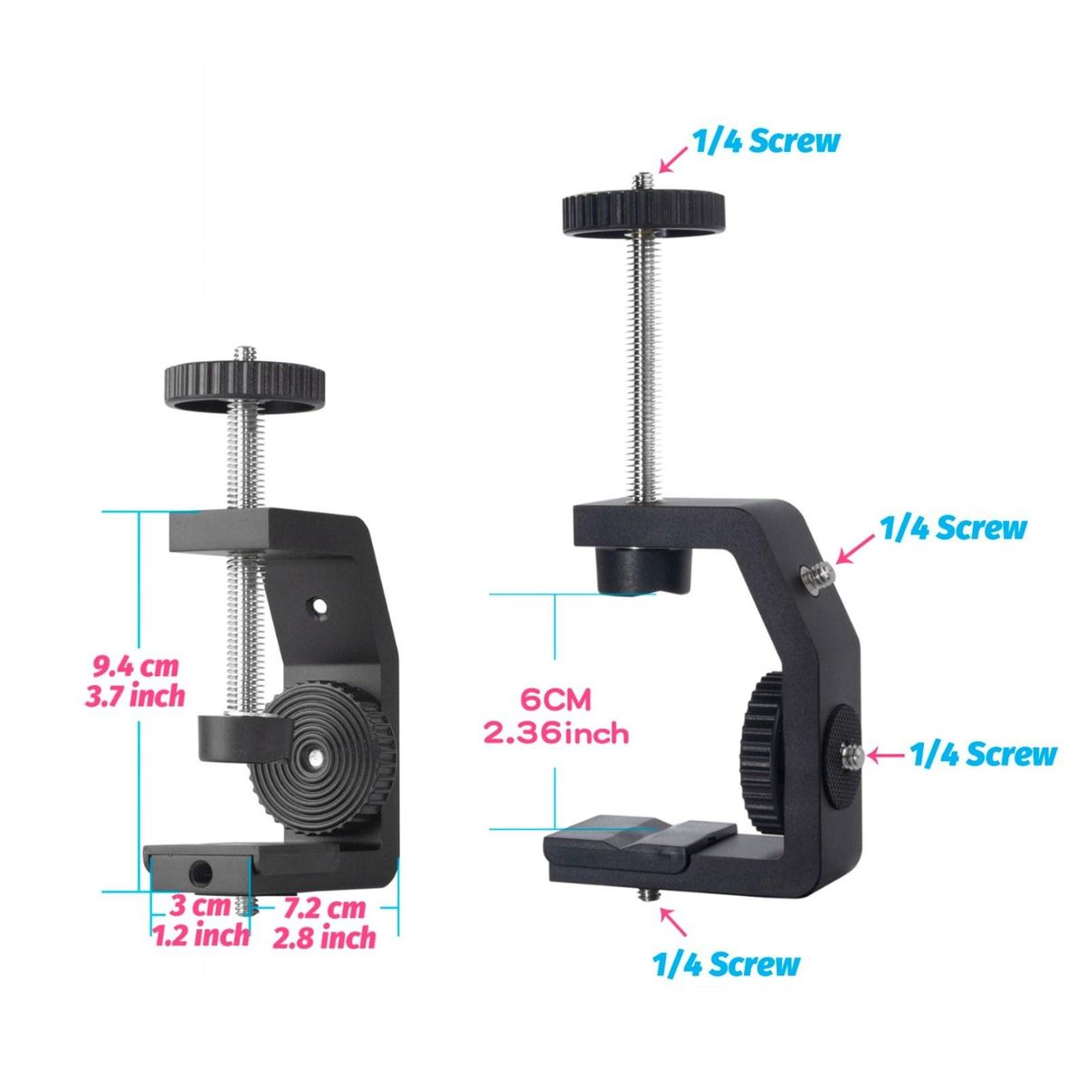 Universal Aluminum Alloy C Clamp + Adjustable Tripod Extension Rod with 1/4 Inch Screw Adjustable Length 33~60cm for Camera Photography