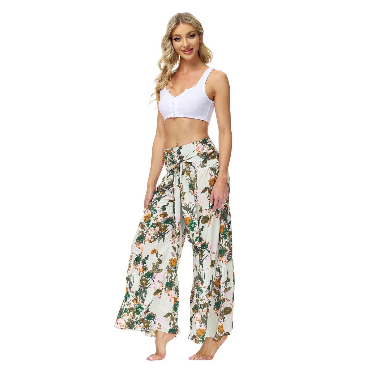 Ladies Beach Wide Leg Pants Tie Pants Digital Printing Loose Casual Pants -Green