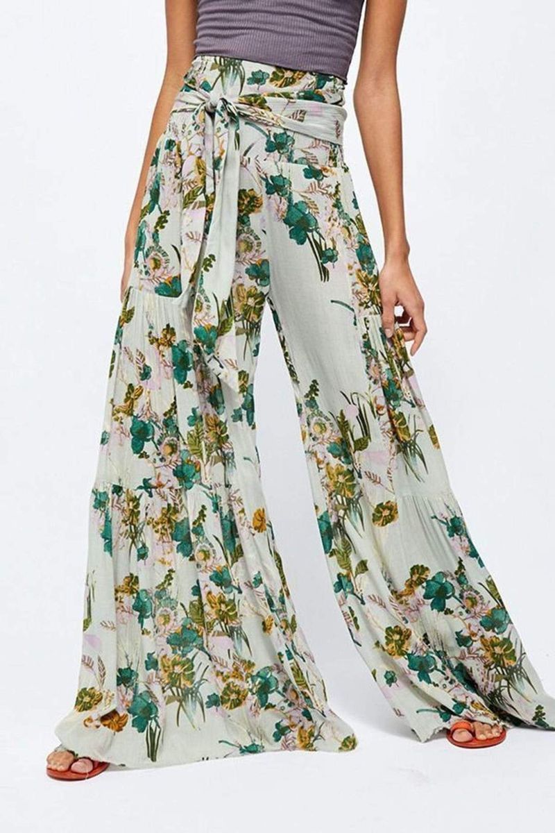 Ladies Beach Wide Leg Pants Tie Pants Digital Printing Loose Casual Pants -Green