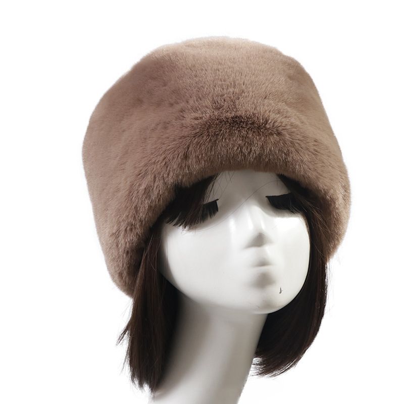 Autumn/winter Imitation Rex Rabbit Fur Round Flat Top Hat Short Plush Fur Thick Fur Hairless Hat Black Women-Coffee Color