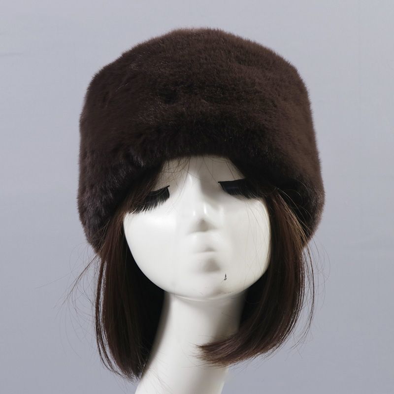 Autumn/winter Imitation Rex Rabbit Fur Round Flat Top Hat Short Plush Fur Thick Fur Hairless Hat Black Women-Coffee Color