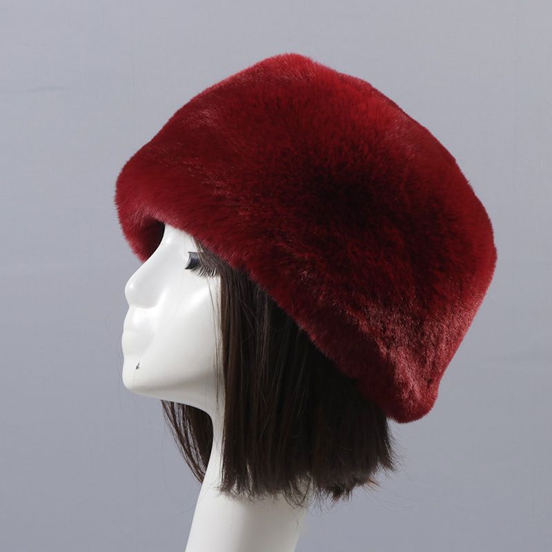 Autumn/winter Imitation Rex Rabbit Fur Round Flat Top Hat Short Plush Fur Thick Fur Hairless Hat Black Women-Coffee Color
