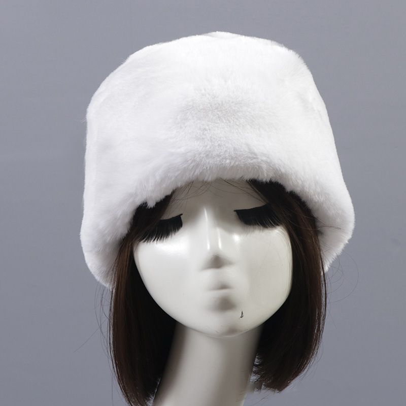 Autumn/winter Imitation Rex Rabbit Fur Round Flat Top Hat Short Plush Fur Thick Fur Hairless Hat Black Women-Coffee Color
