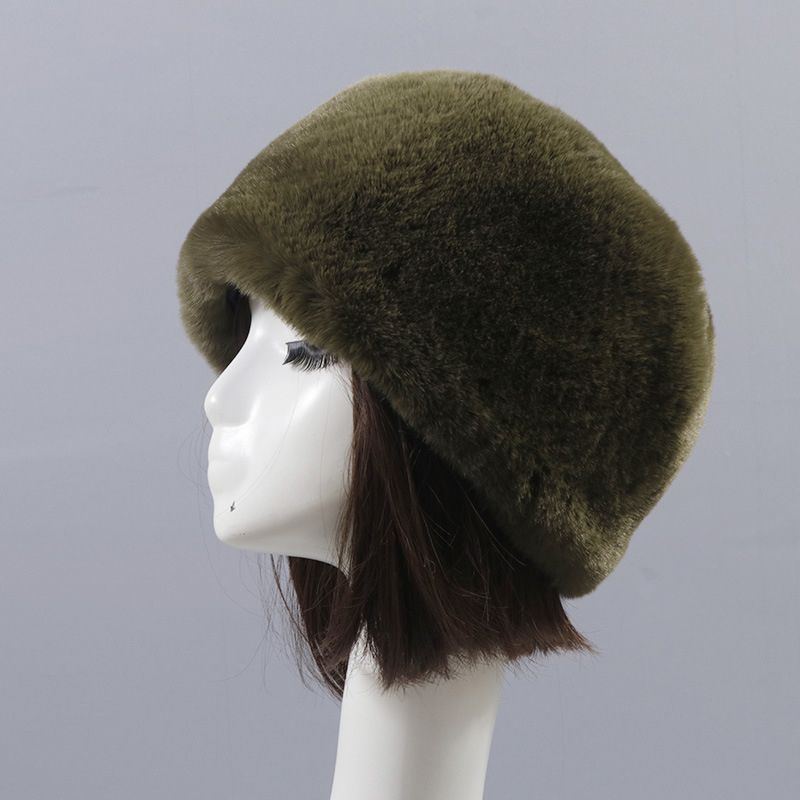 Autumn/winter Imitation Rex Rabbit Fur Round Flat Top Hat Short Plush Fur Thick Fur Hairless Hat Black Women-Coffee Color