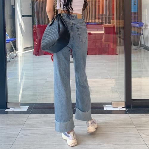 Ladies Jeans FashionHigh Waist Straight Pants-FashionBlue L