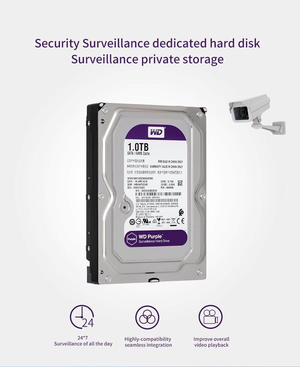 WD Purple 1TB Hard Drive Disk For Security System HDD 3.5 Inch SATA DVR CCTV PC