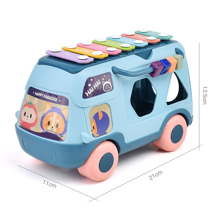 Children Multifunctional Bus Toy With Light Music Early Education Puzzle Toy(Blue)