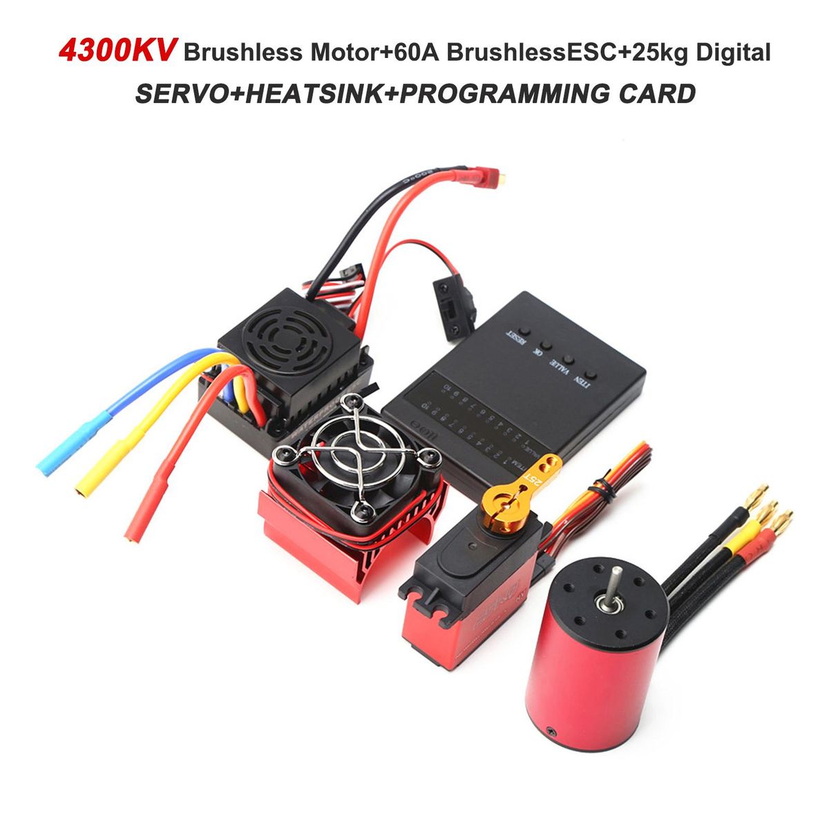 4300KV Brushless Motor 3650 Waterproof Motor with 60A Brushless ESC 25kg Digital Servo Heatsink Programming Card for 1/8 1/10 RC Car