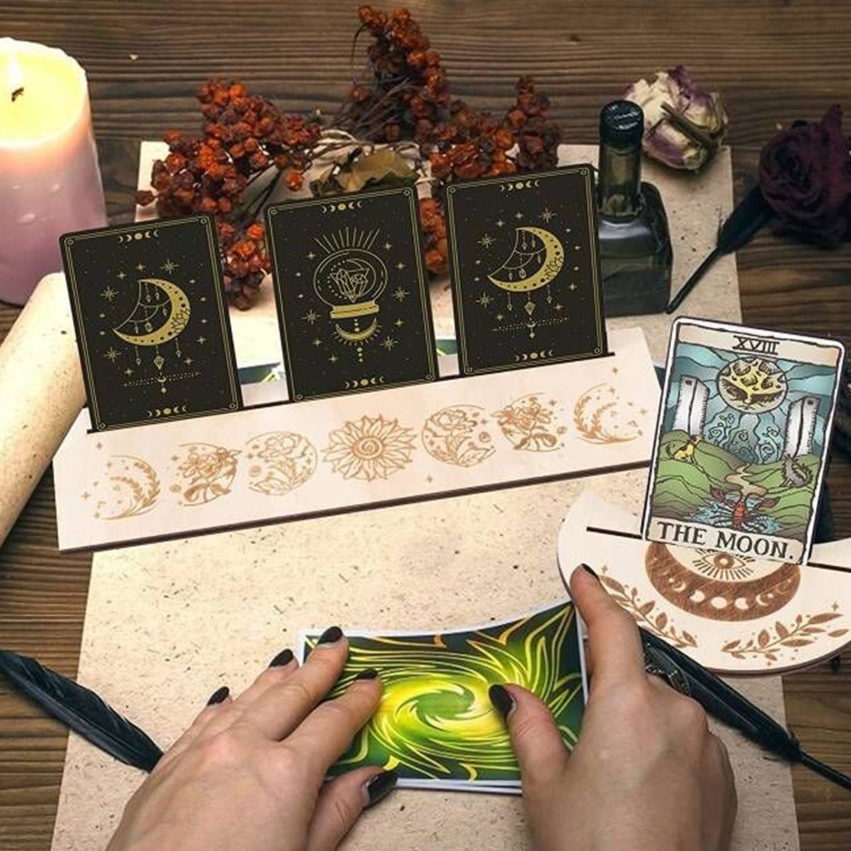 2PCS Tarot Card Stand Wooden Rectangular Moon Shaped Tarot
