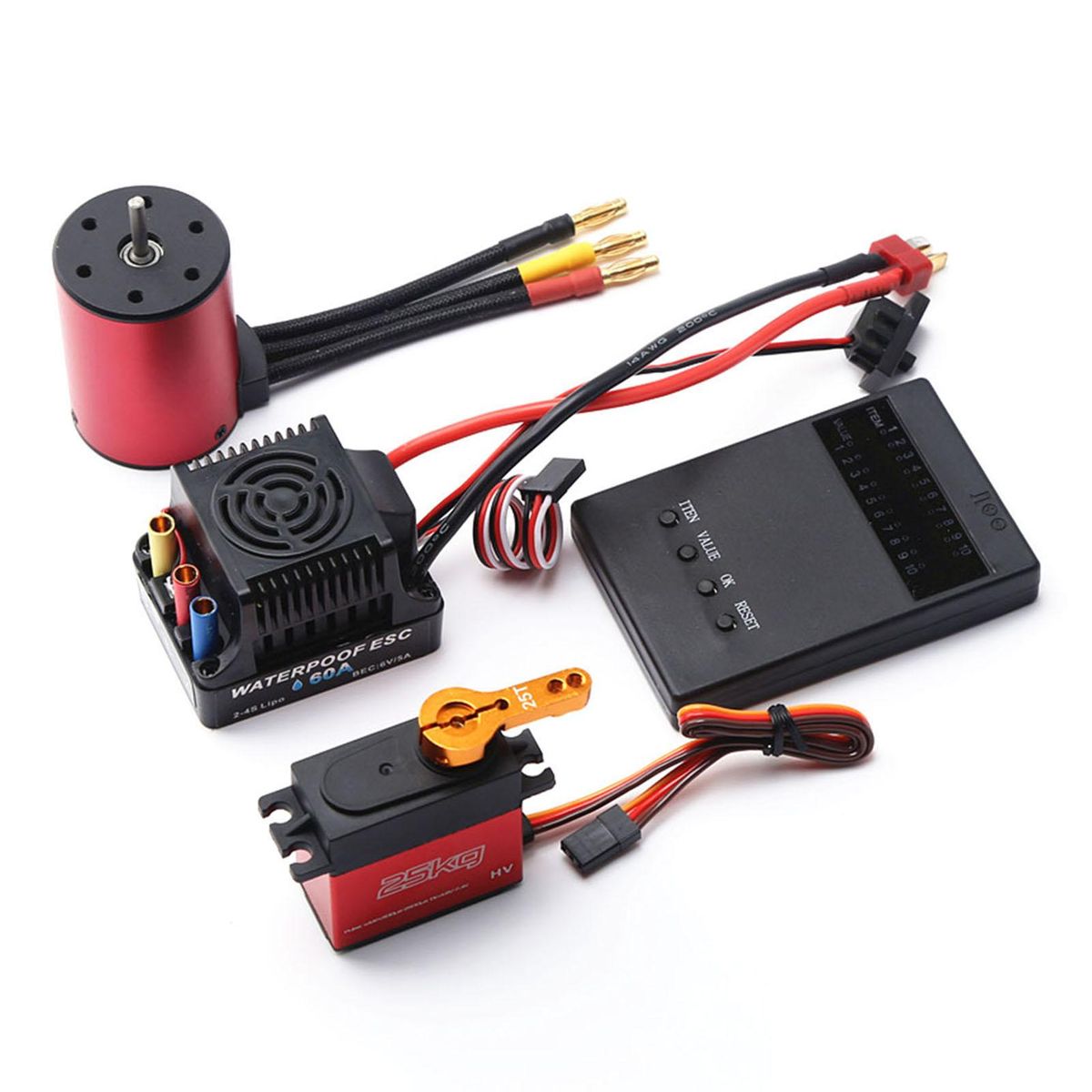 5200KV Brushless Motor 3650 Waterproof Motor with 60A Brushless ESC 2-4S Lipo 25KG Digital Servo Programming Card for 1/8 1/10 RC Car