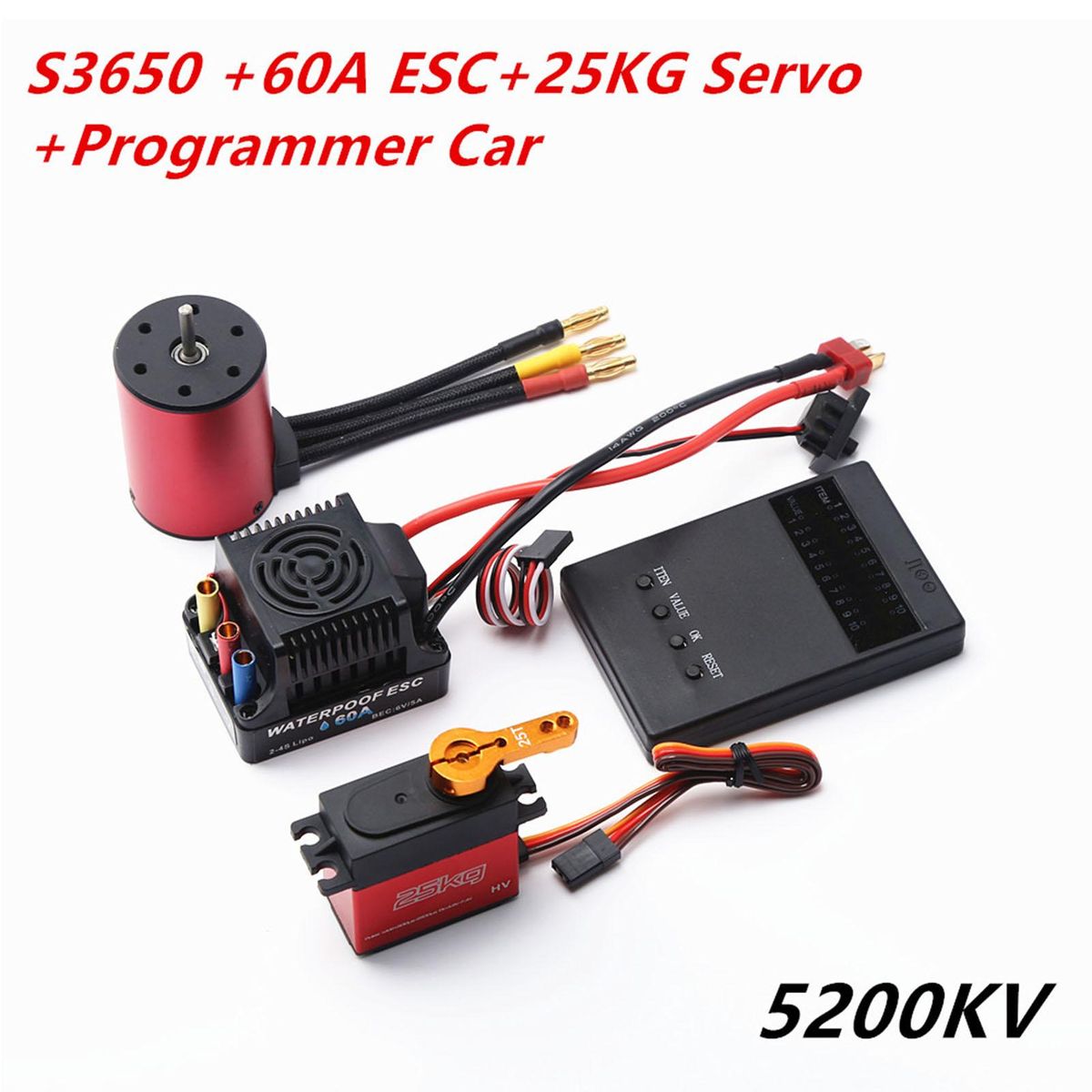 5200KV Brushless Motor 3650 Waterproof Motor with 60A Brushless ESC 2-4S Lipo 25KG Digital Servo Programming Card for 1/8 1/10 RC Car